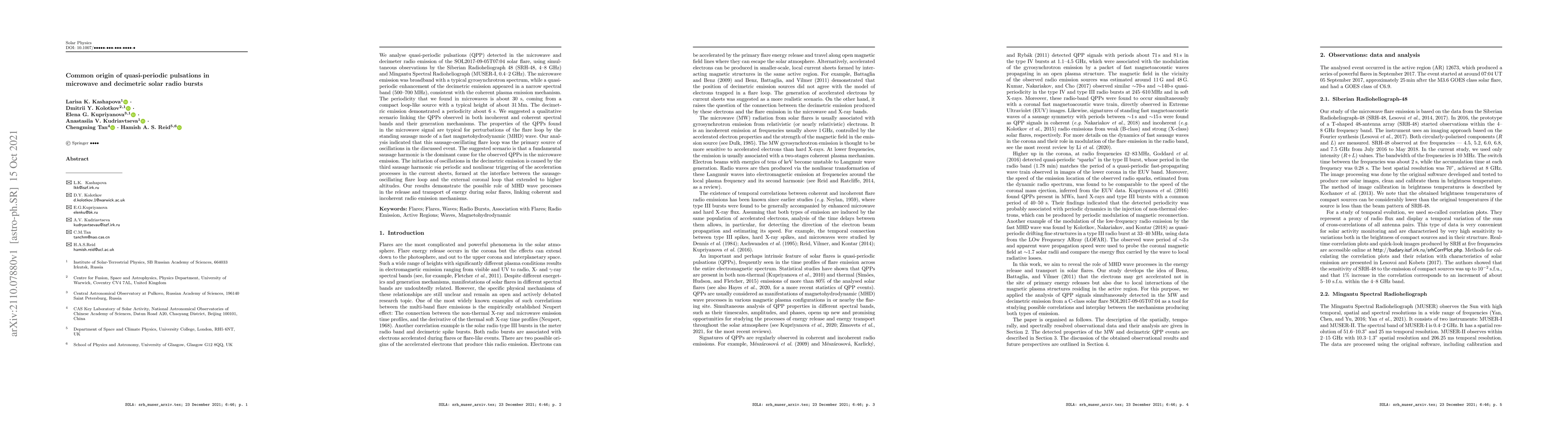 Thumbnail for Common origin of quasi-periodic pulsations in microwave and decimetric
  solar radio bursts