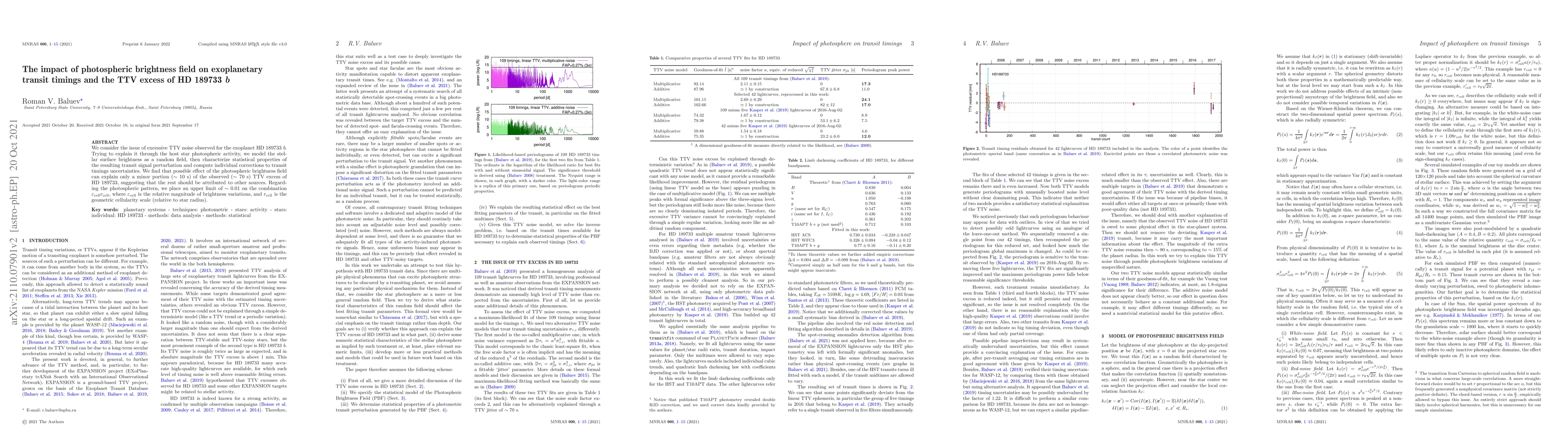 Thumbnail for The impact of photospheric brightness field on exoplanetary transit
  timings and the TTV excess of HD 189733 b