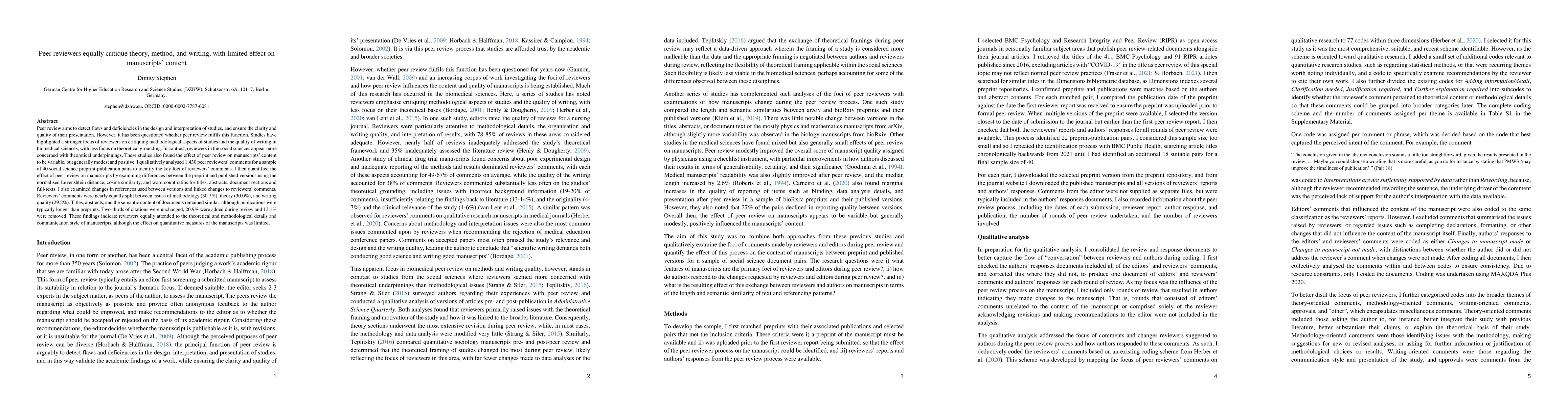 Thumbnail for Peer reviewers equally critique theory, method, and writing, with
  limited effect on manuscripts' content