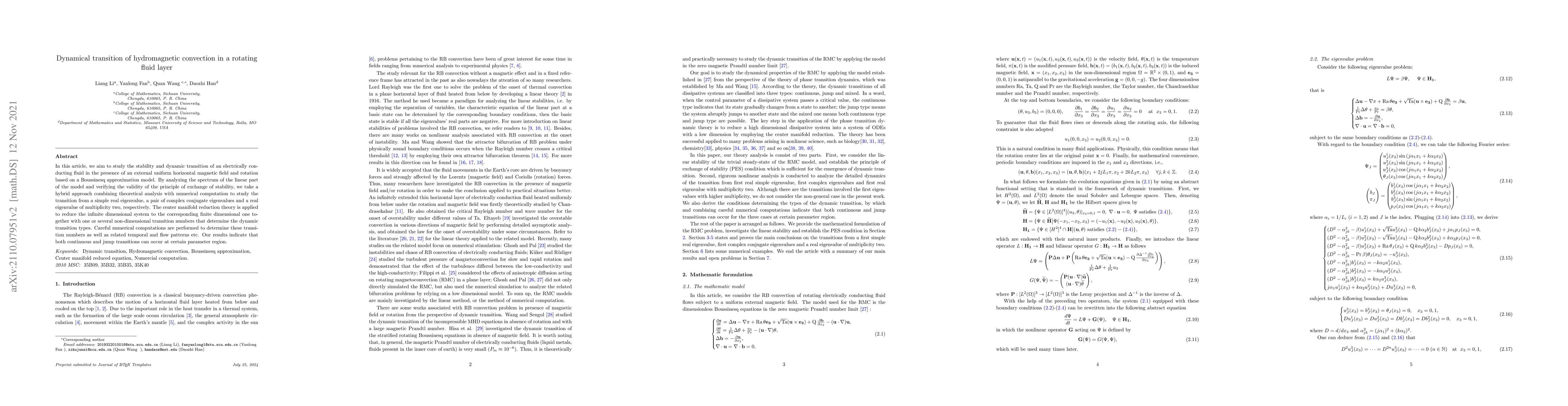 Thumbnail for Dynamical transition of hydromagnetic convection in a rotating fluid
  layer