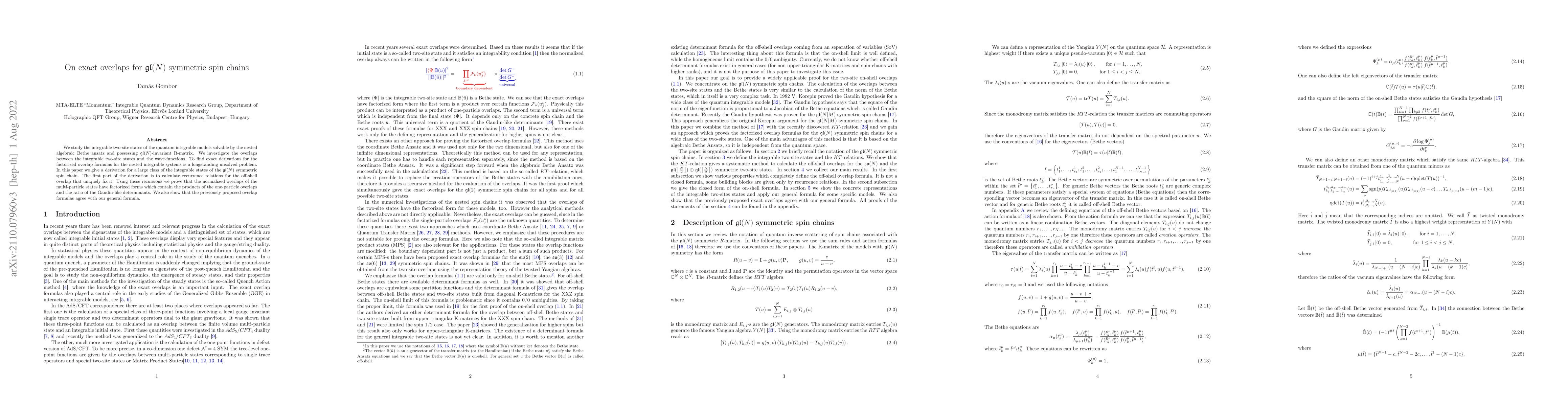 Thumbnail for On exact overlaps for $\mathfrak{gl}(N)$ symmetric spin chains