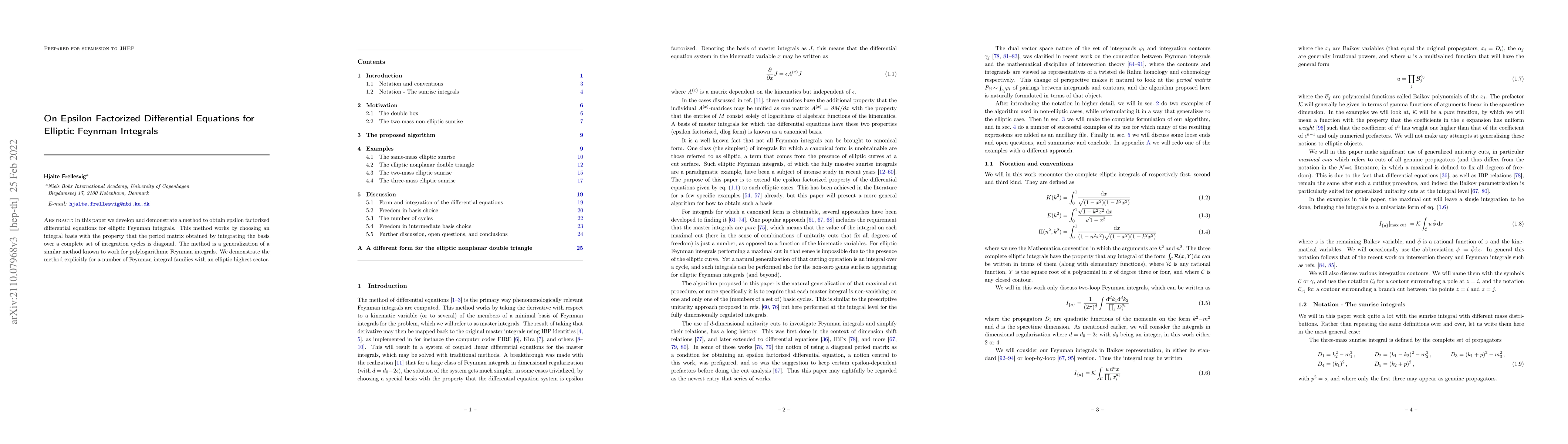 Thumbnail for On Epsilon Factorized Differential Equations for Elliptic Feynman
  Integrals