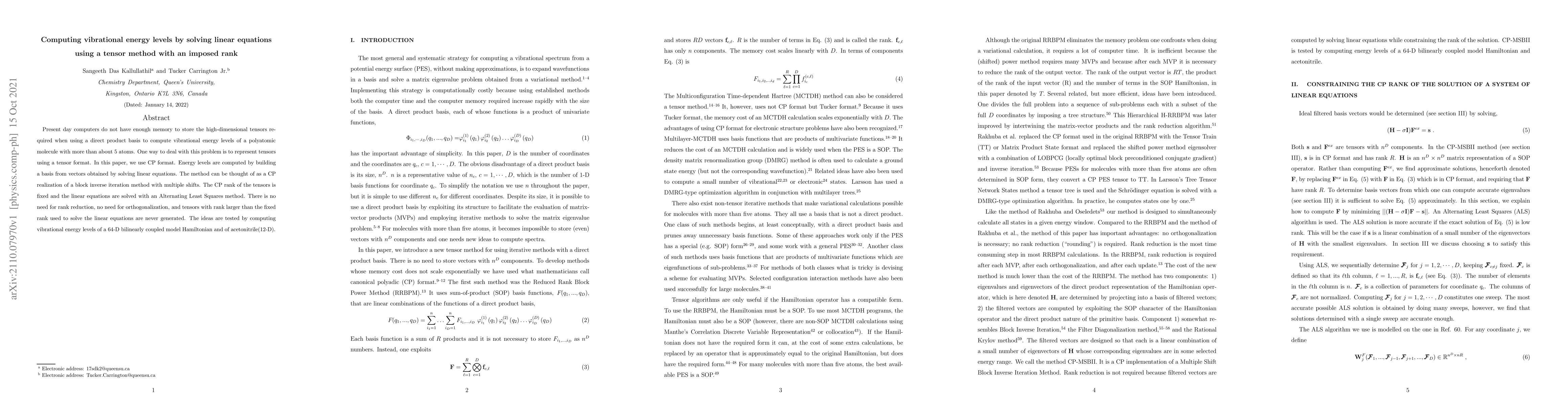 Thumbnail for Computing vibrational energy levels by solving linear equations using a
  tensor method with an imposed rank