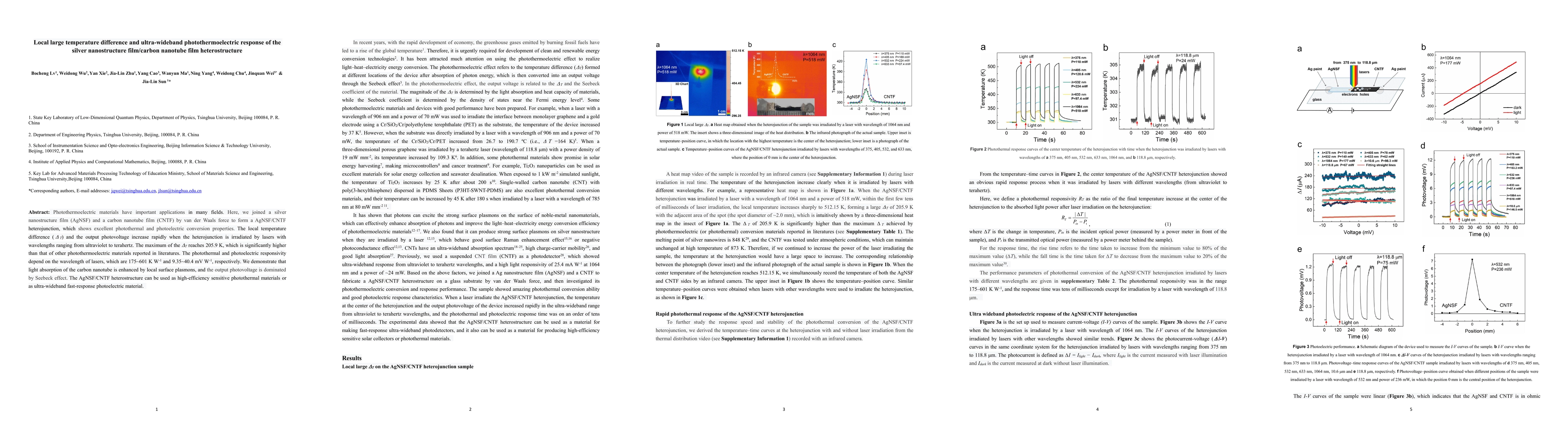 Thumbnail for Local large temperature difference and ultra-wideband
  photothermoelectric response of the silver nanostructure film/carbon nanotube
  film heterostructure