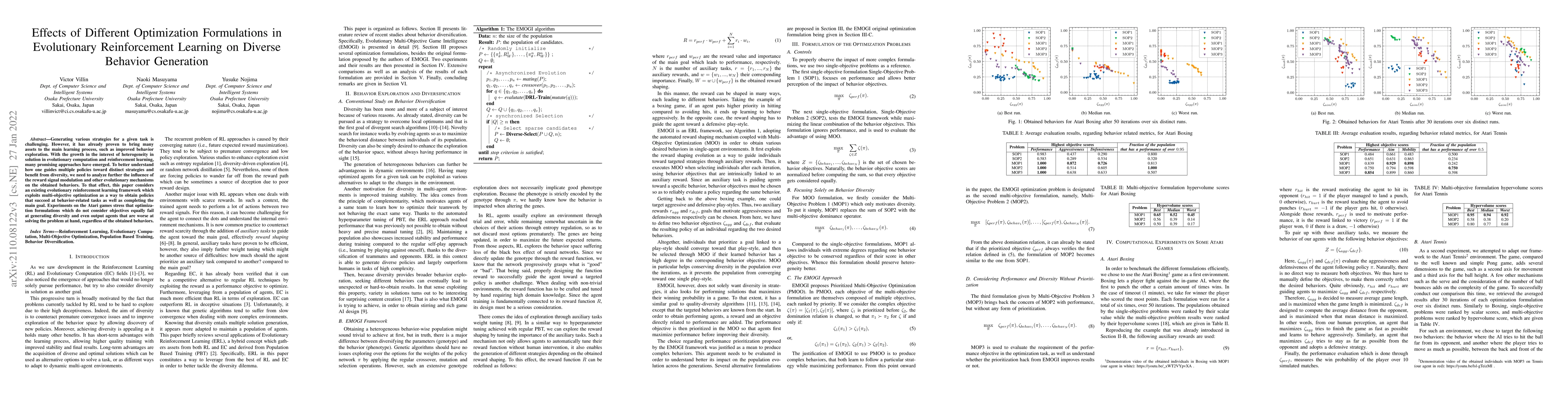 Thumbnail for Effects of Different Optimization Formulations in Evolutionary
  Reinforcement Learning on Diverse Behavior Generation