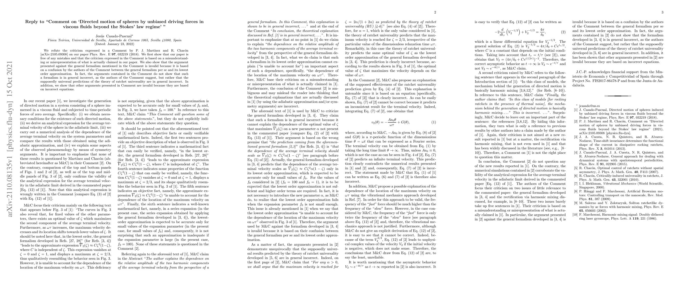 Thumbnail for Reply to "Comment on `Directed motion of spheres by unbiased driving
  forces in viscous fluids beyond the Stokes' law regime' "