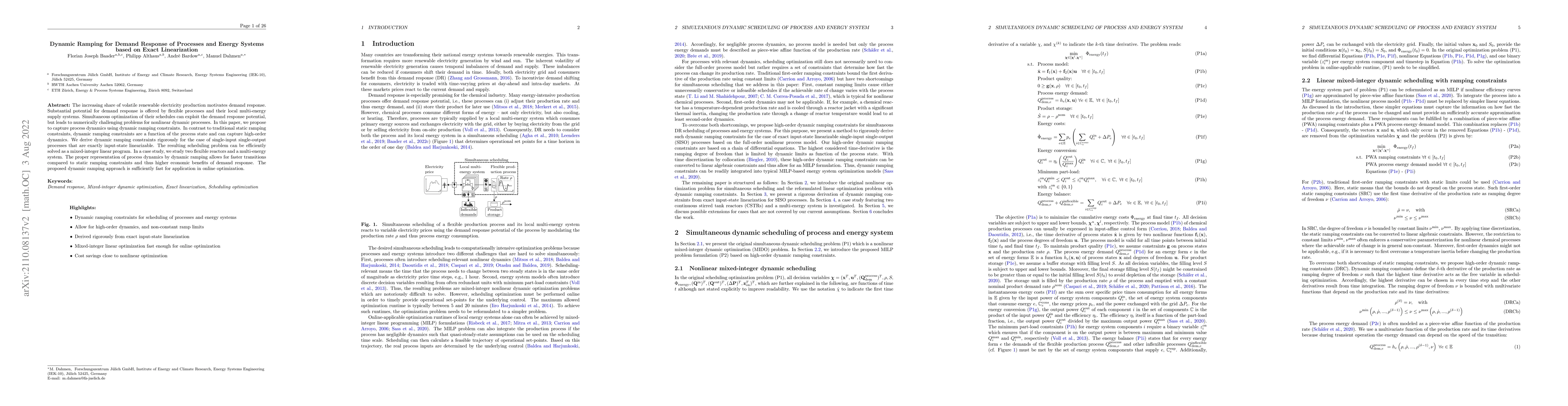 Thumbnail for Dynamic Ramping for Demand Response of Processes and Energy Systems
  based on Exact Linearization