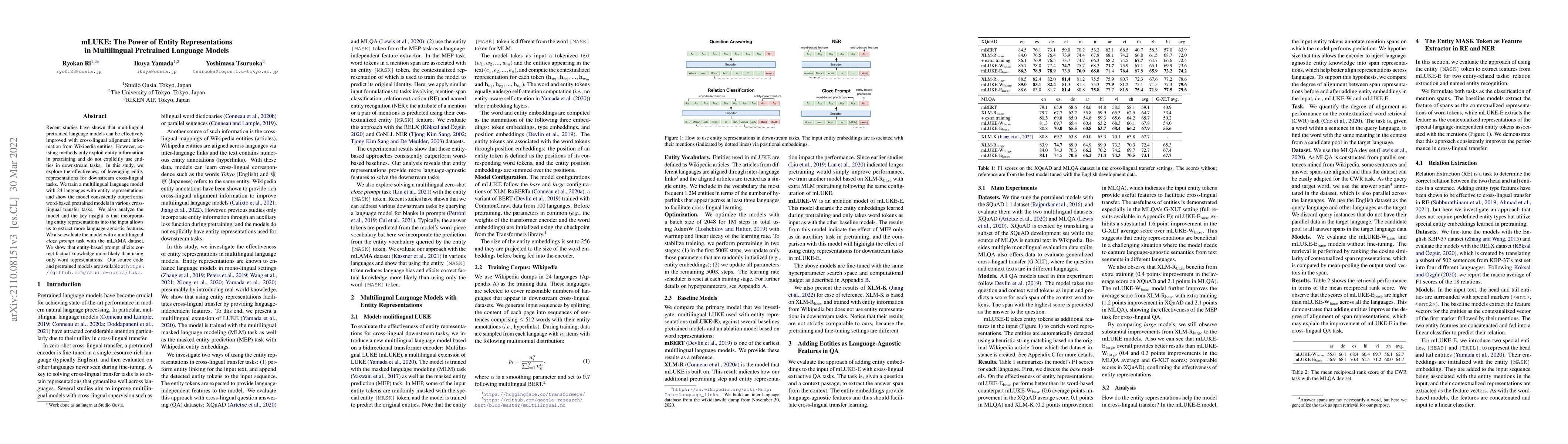 Thumbnail for mLUKE: The Power of Entity Representations in Multilingual Pretrained
  Language Models