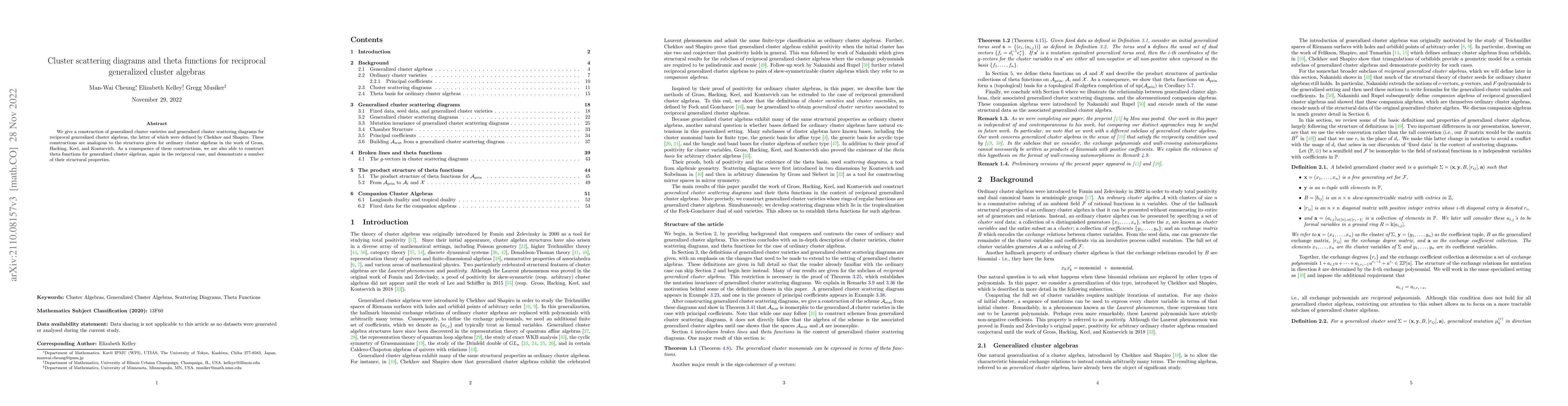 Thumbnail for Cluster scattering diagrams and theta functions for reciprocal
  generalized cluster algebras