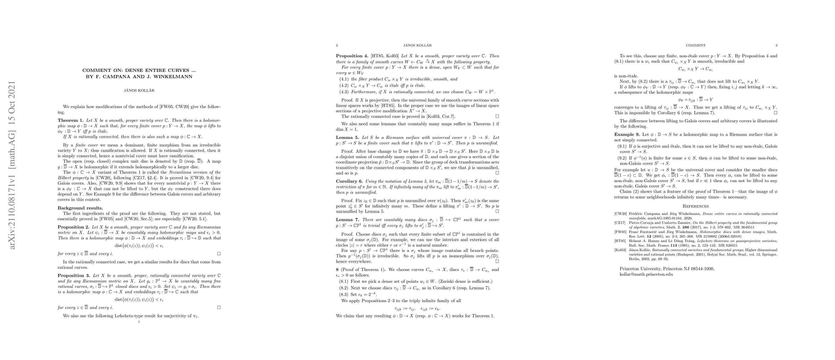 Thumbnail for Comment on: Dense entire curves .. [arXiv:1905.01104], by F. Campana and
  J. Winkelmann