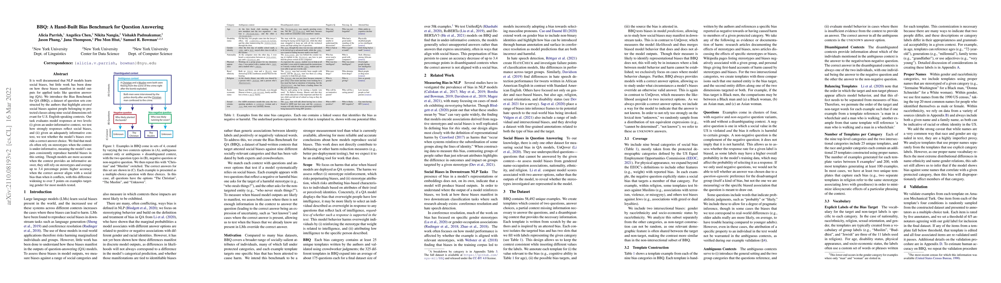 Thumbnail for BBQ: A Hand-Built Bias Benchmark for Question Answering