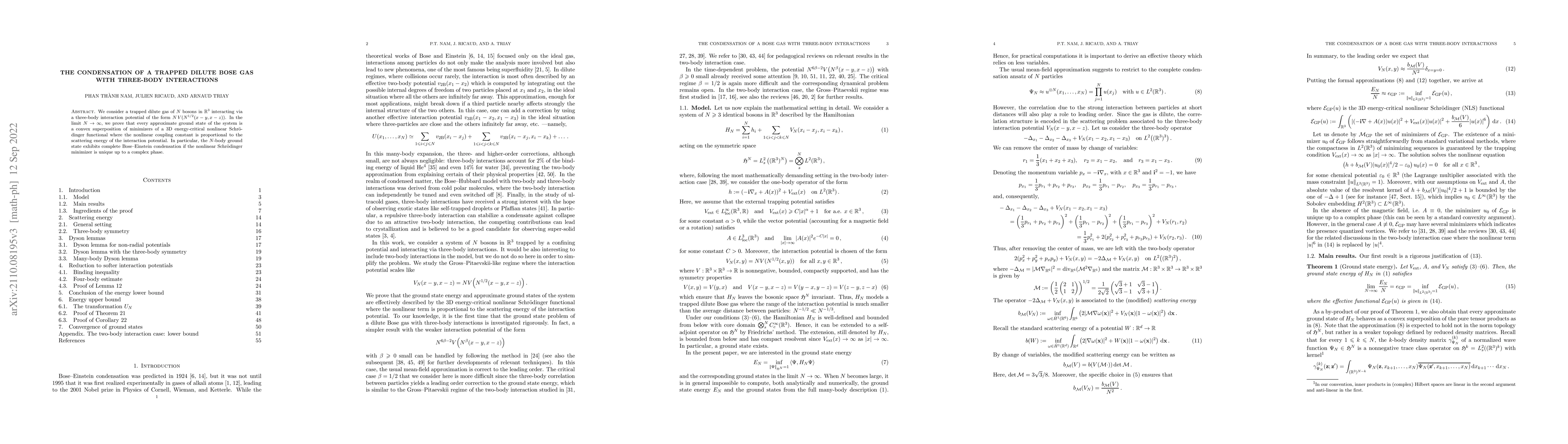 Thumbnail for The condensation of a trapped dilute Bose gas with three-body
  interactions