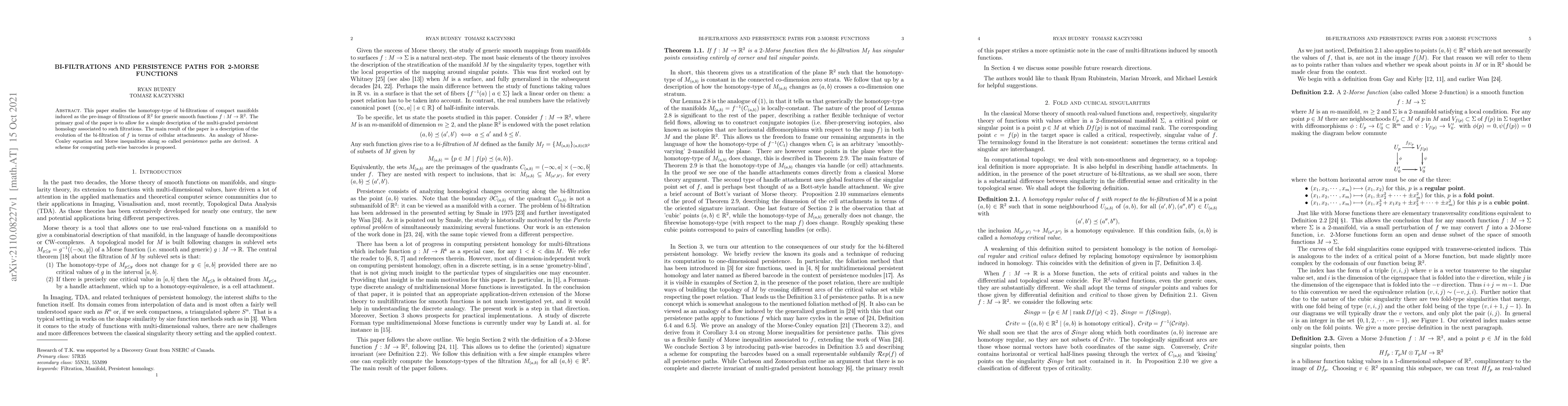 Thumbnail for Bi-filtrations and persistence paths for 2-Morse functions