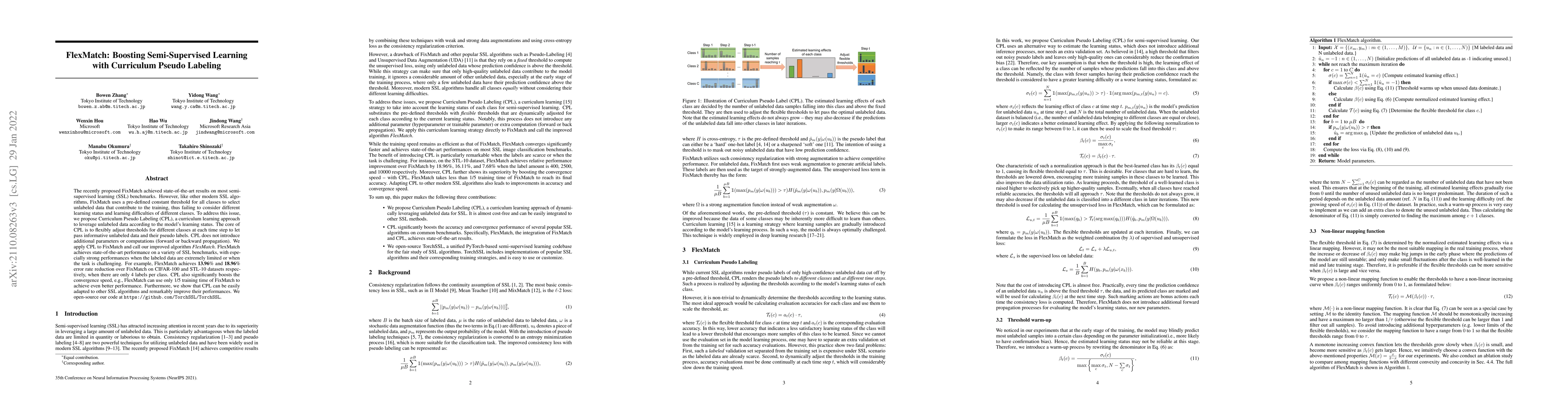 Thumbnail for FlexMatch: Boosting Semi-Supervised Learning with Curriculum Pseudo
  Labeling