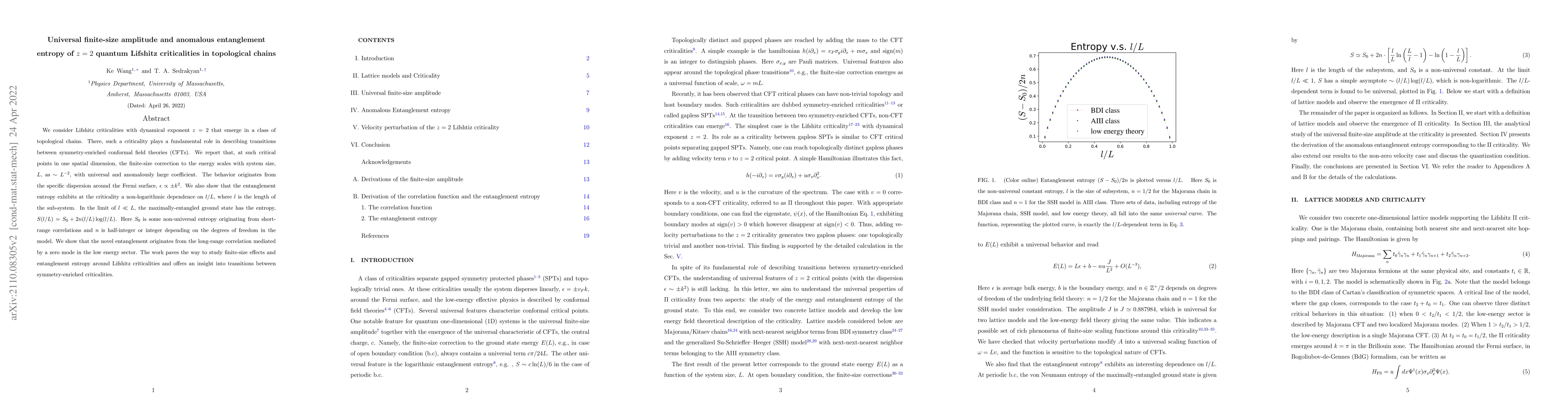 Thumbnail for Universal finite-size amplitude and anomalous entanglement entropy of
  $z=2$ quantum Lifshitz criticalities in topological chains