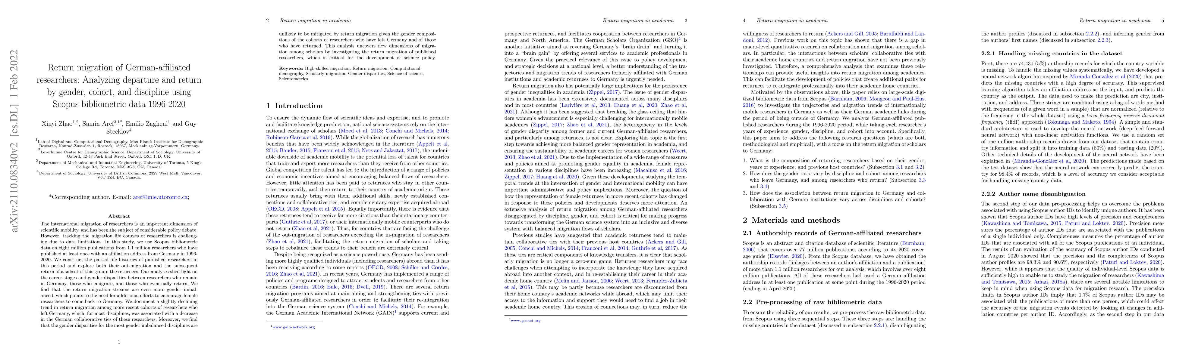 Thumbnail for Return migration of German-affiliated researchers: Analyzing departure
  and return by gender, cohort, and discipline using Scopus bibliometric data
  1996-2020