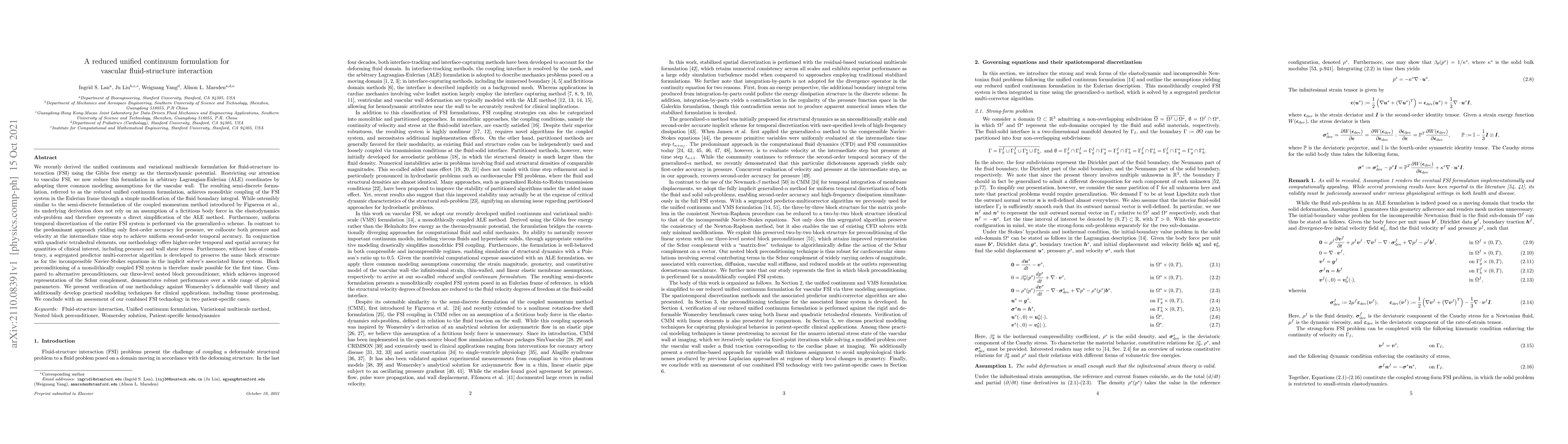 Thumbnail for A reduced unified continuum formulation for vascular fluid-structure
  interaction