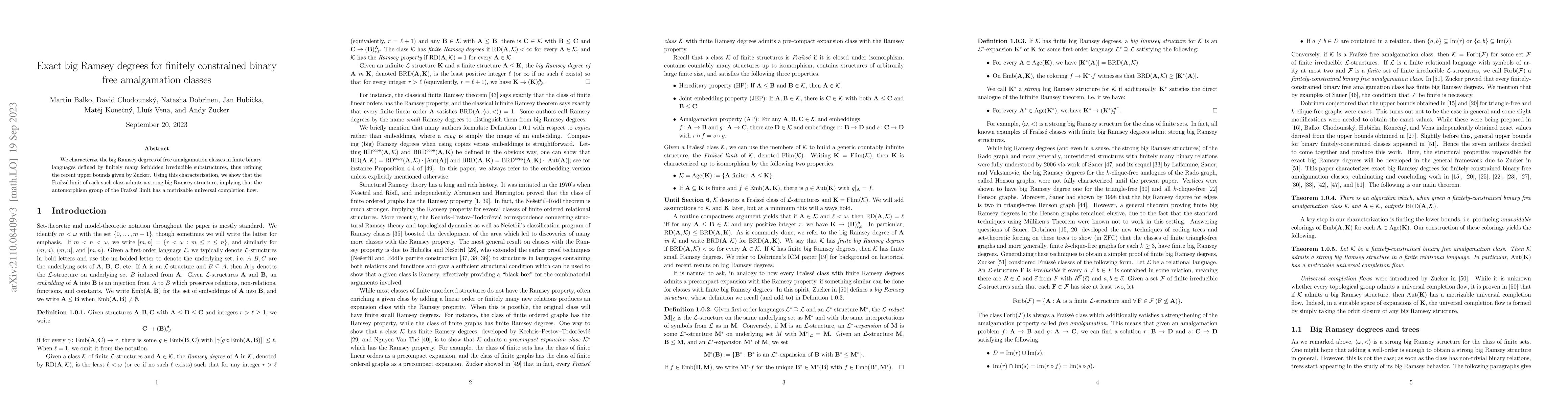 Thumbnail for Exact big Ramsey degrees for finitely constrained binary free
  amalgamation classes