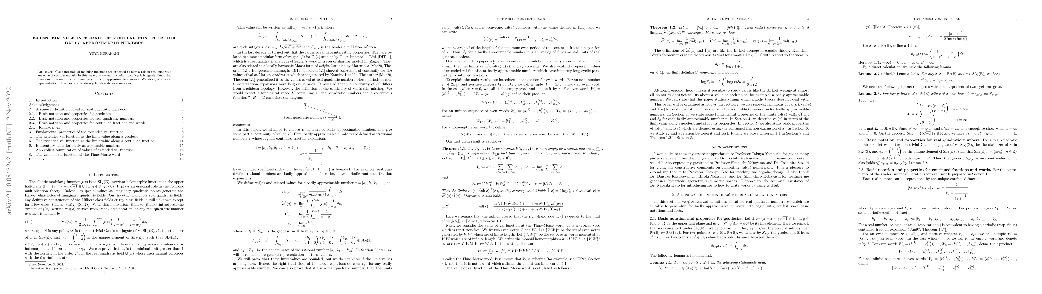 Thumbnail for Extended-cycle integrals of modular functions for badly approximable
  numbers