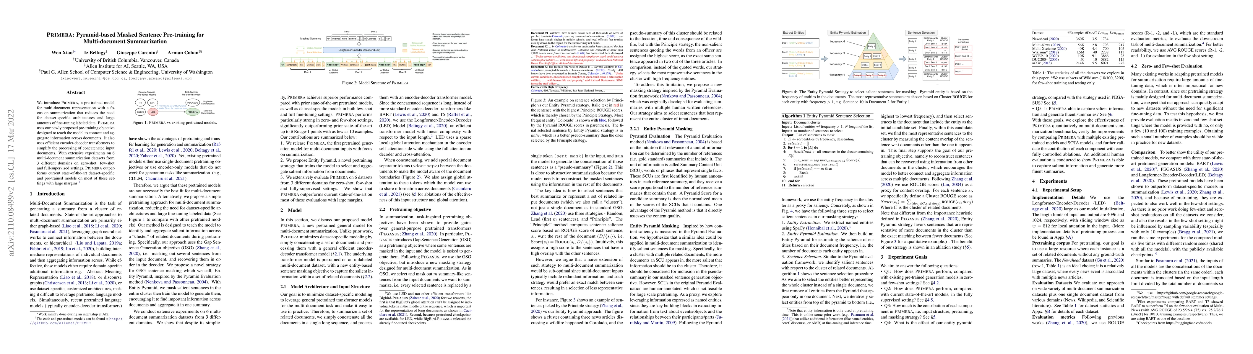 Thumbnail for PRIMERA: Pyramid-based Masked Sentence Pre-training for Multi-document
  Summarization