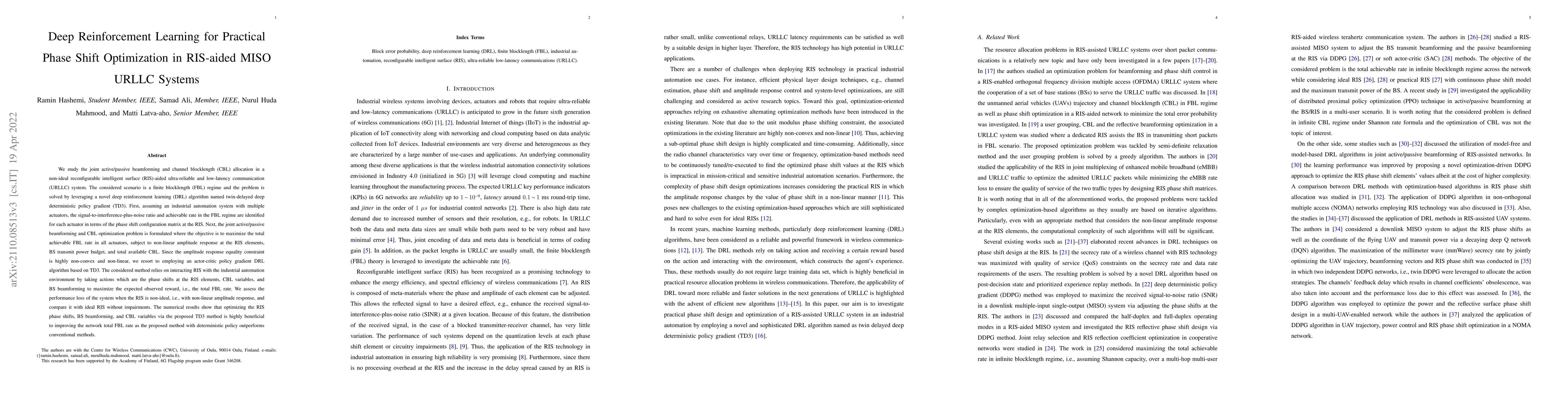 Thumbnail for Deep Reinforcement Learning for Practical Phase Shift Optimization in
  RIS-aided MISO URLLC Systems
