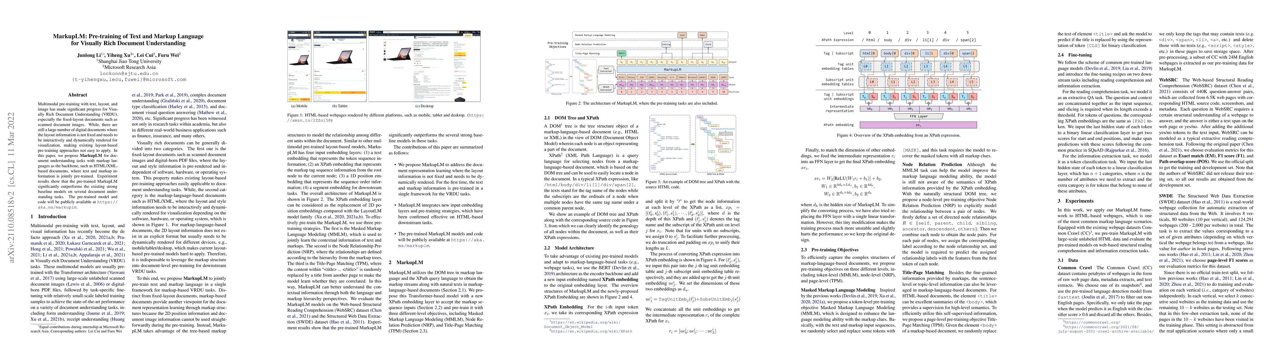 Thumbnail for MarkupLM: Pre-training of Text and Markup Language for Visually-rich
  Document Understanding