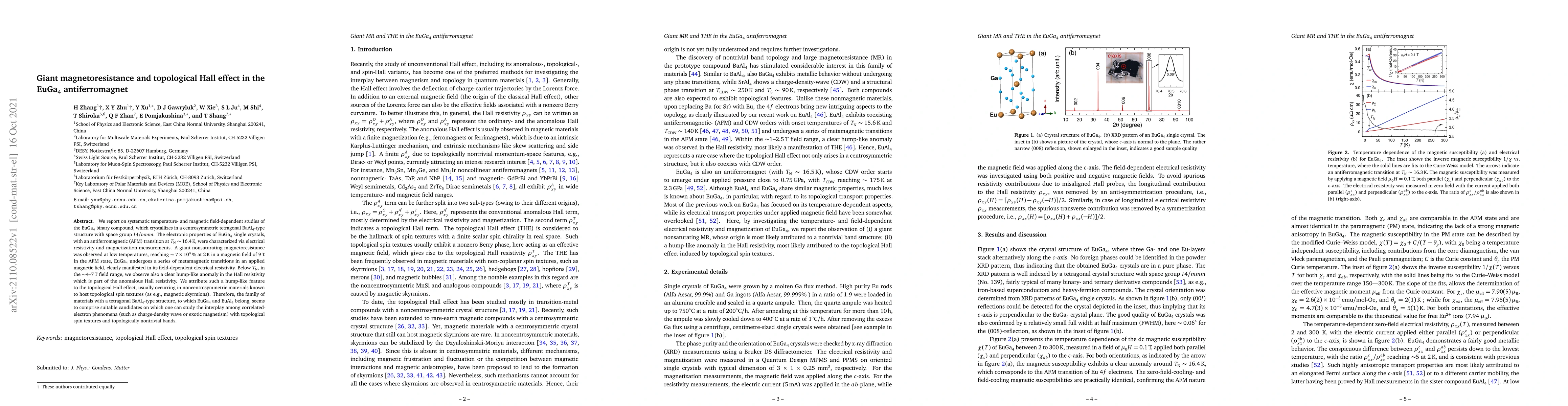 Thumbnail for Giant magnetoresistance and topological Hall effect in the EuGa4
  antiferromagnet