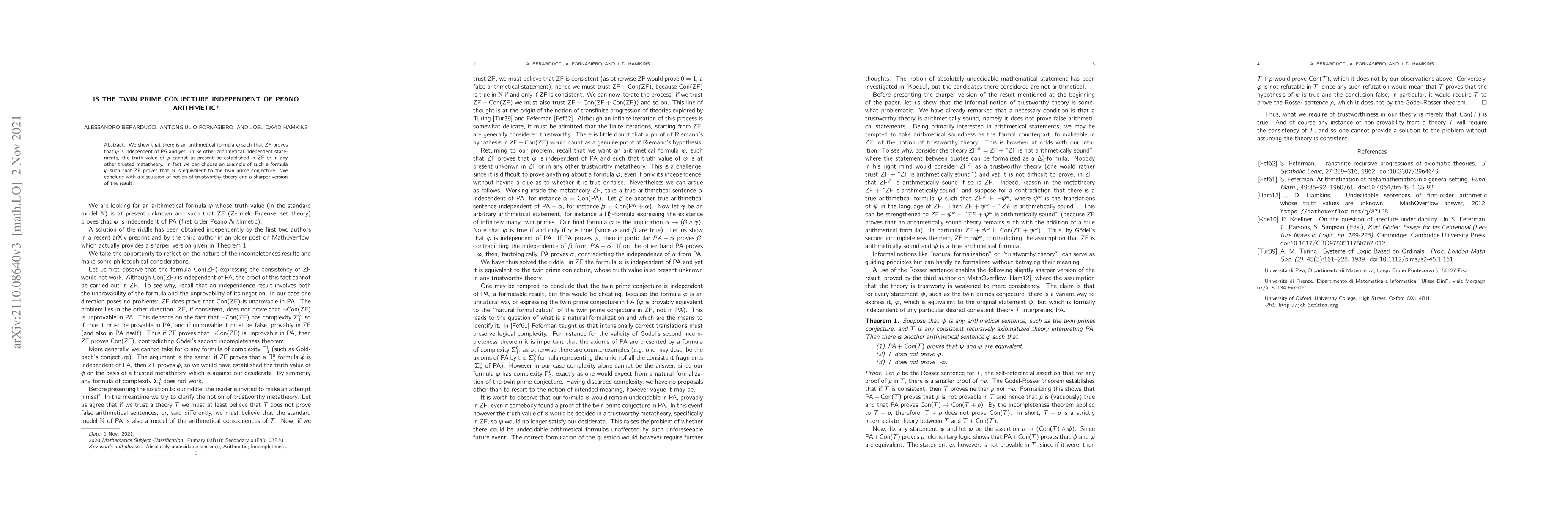 Thumbnail for Is the twin prime conjecture independent of Peano Arithmetic?