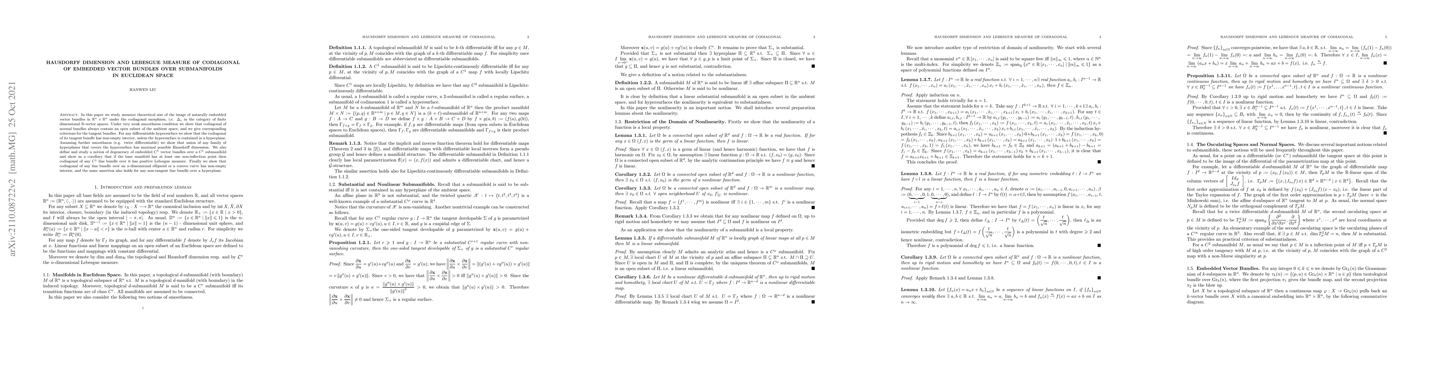 Thumbnail for Hausdorff Dimension and Lebesgue Measure of Codiagonal of Embedded
  Vector Bundles over Submanifolds in Euclidean Space