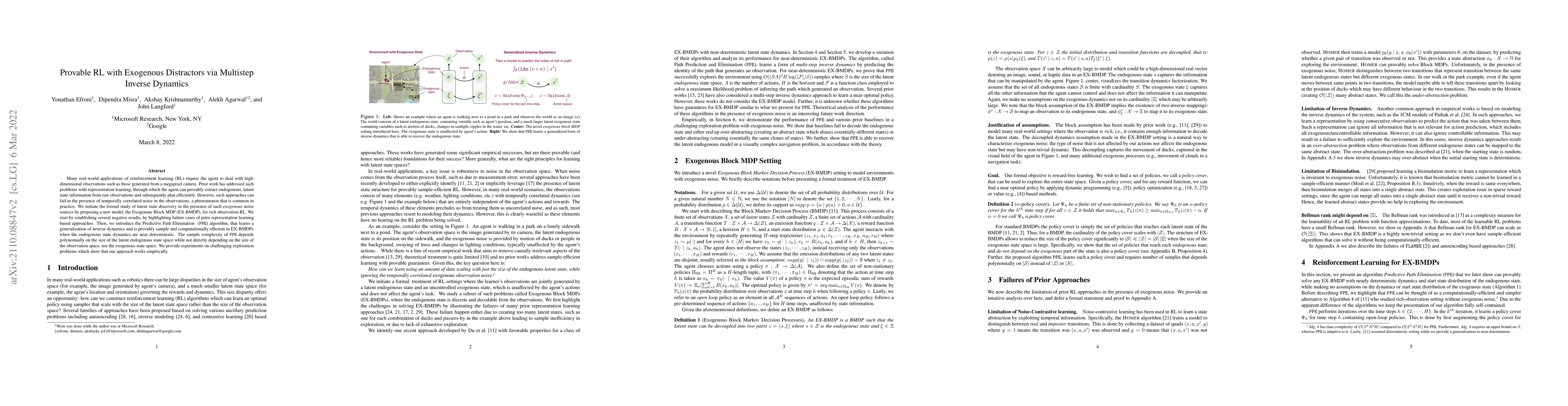 Thumbnail for Provable RL with Exogenous Distractors via Multistep Inverse Dynamics