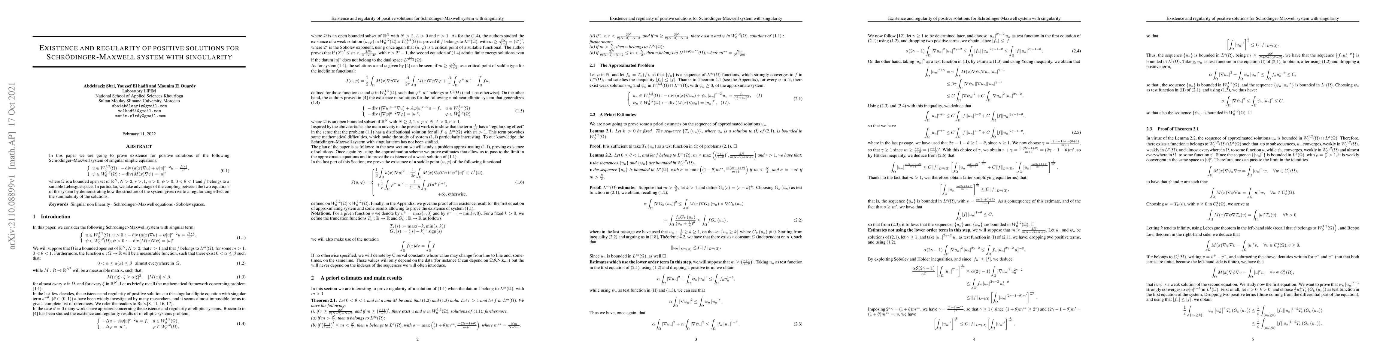 Thumbnail for Existence and regularity of positive solutions for Schr\"odinger-Maxwell
  system with singularity