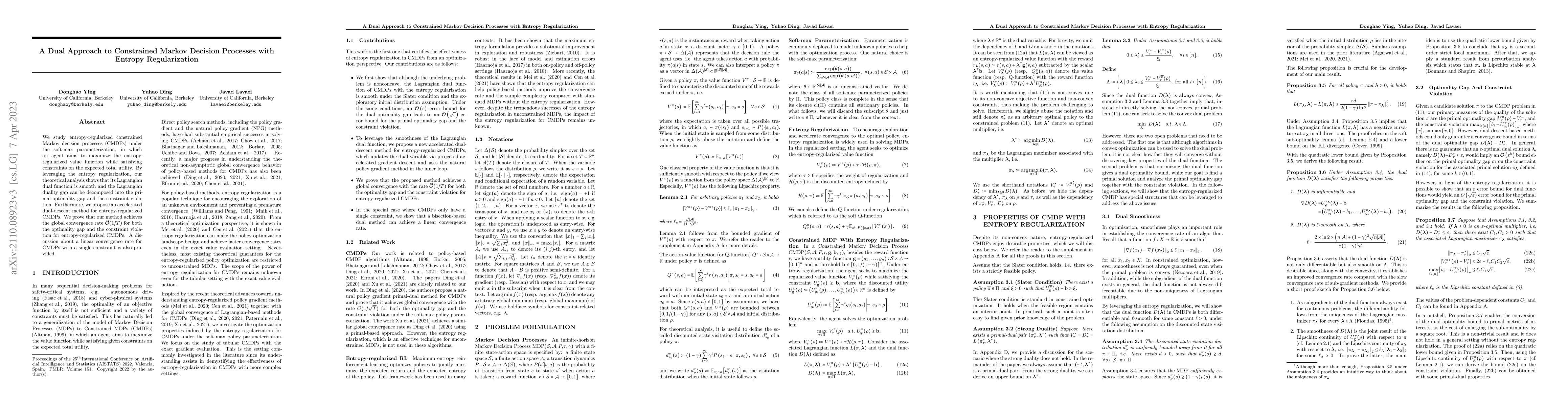 Thumbnail for A Dual Approach to Constrained Markov Decision Processes with Entropy
  Regularization