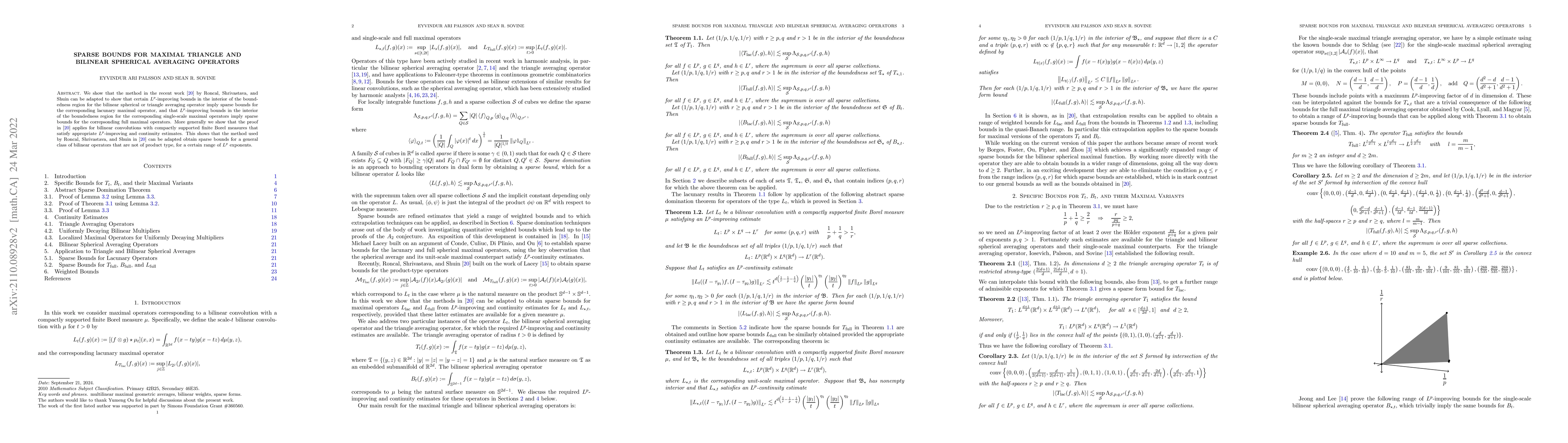 Thumbnail for Sparse bounds for maximal triangle and bilinear spherical averaging
  operators