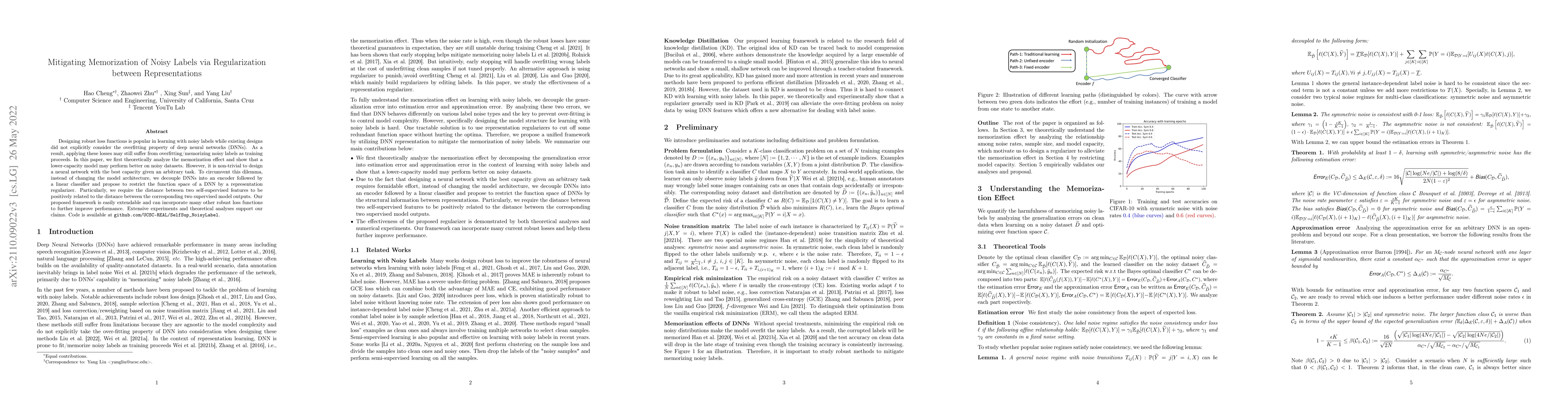 Thumbnail for Mitigating Memorization of Noisy Labels via Regularization between
  Representations