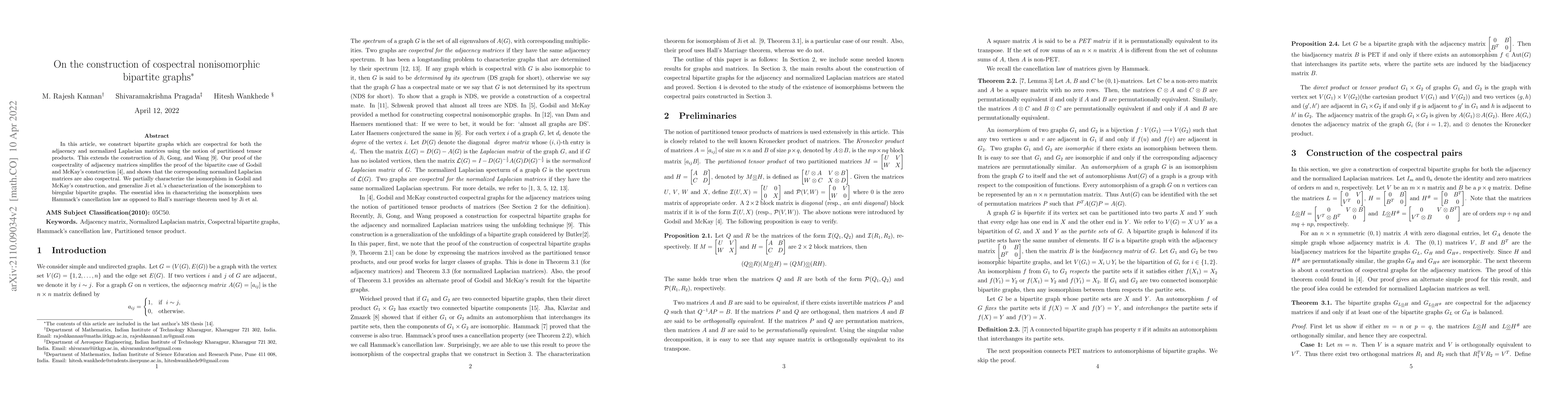 Thumbnail for On the construction of cospectral nonisomorphic bipartite graphs