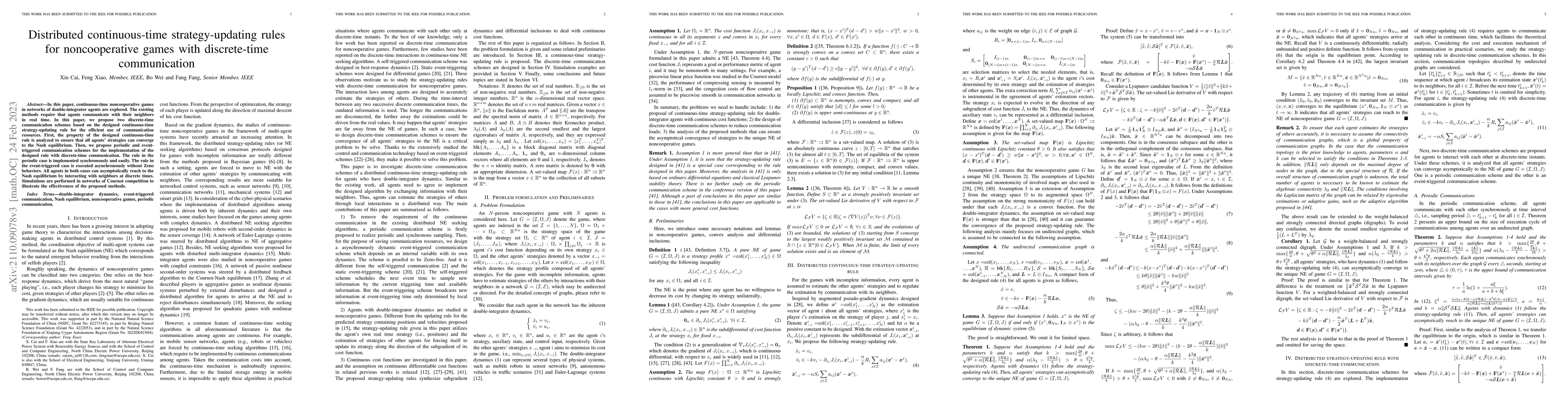 Thumbnail for Distributed continuous-time strategy-updating rules for noncooperative
  games with discrete-time communication