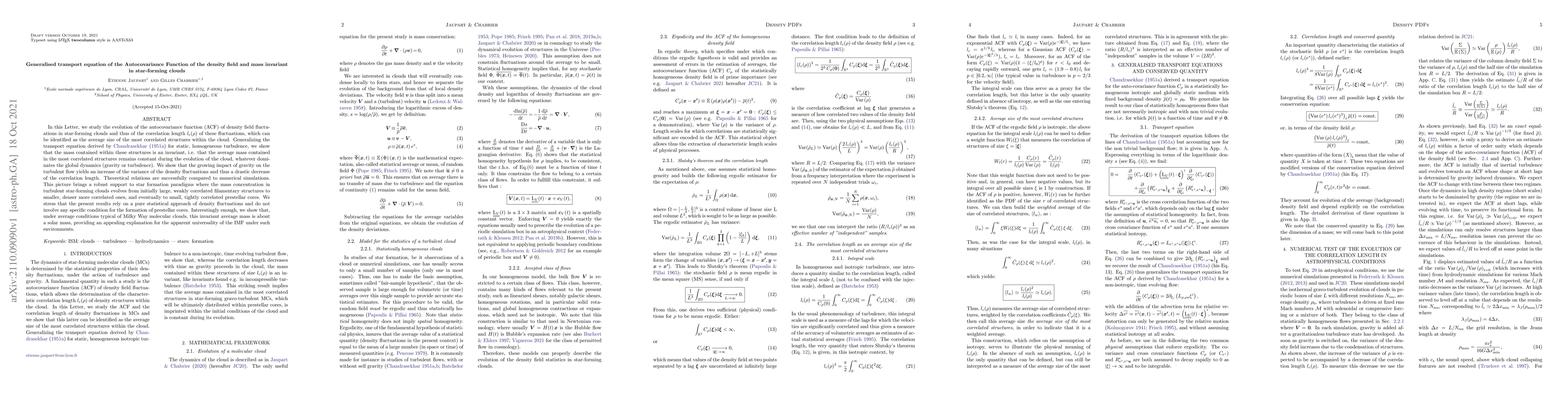 Thumbnail for Generalised transport equation of the Autocovariance Function of the
  density field and mass invariant in star-forming clouds