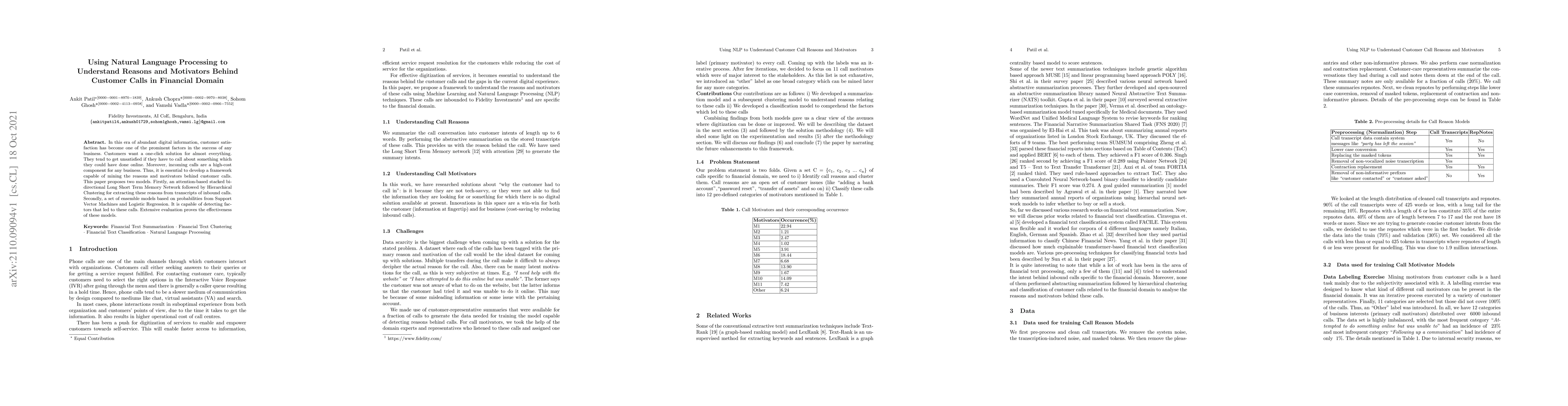 Thumbnail for Using Natural Language Processing to Understand Reasons and Motivators
  Behind Customer Calls in Financial Domain