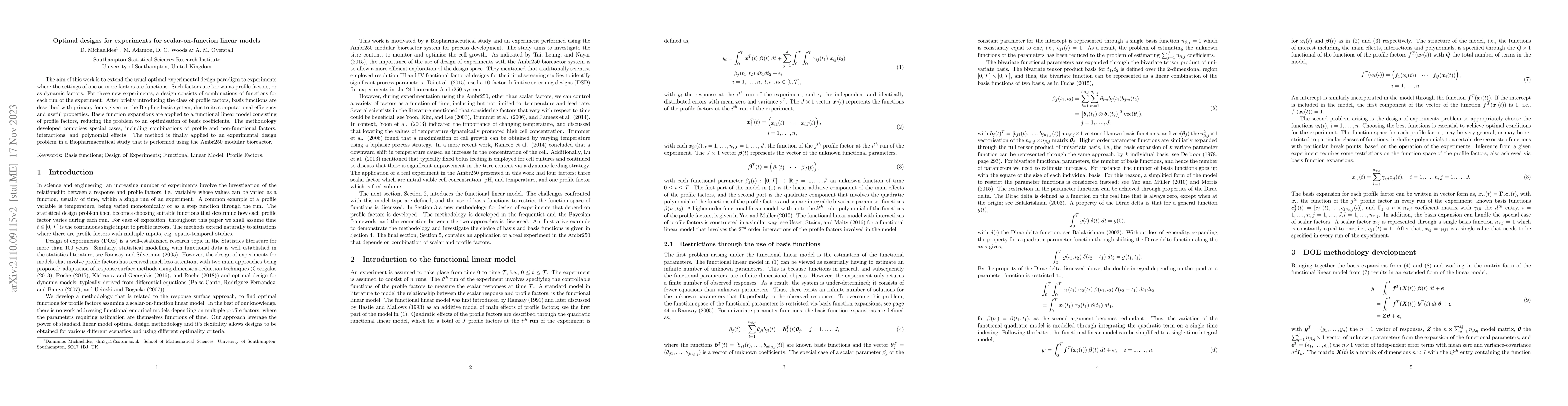 Thumbnail for Optimal designs for experiments for scalar-on-function linear models