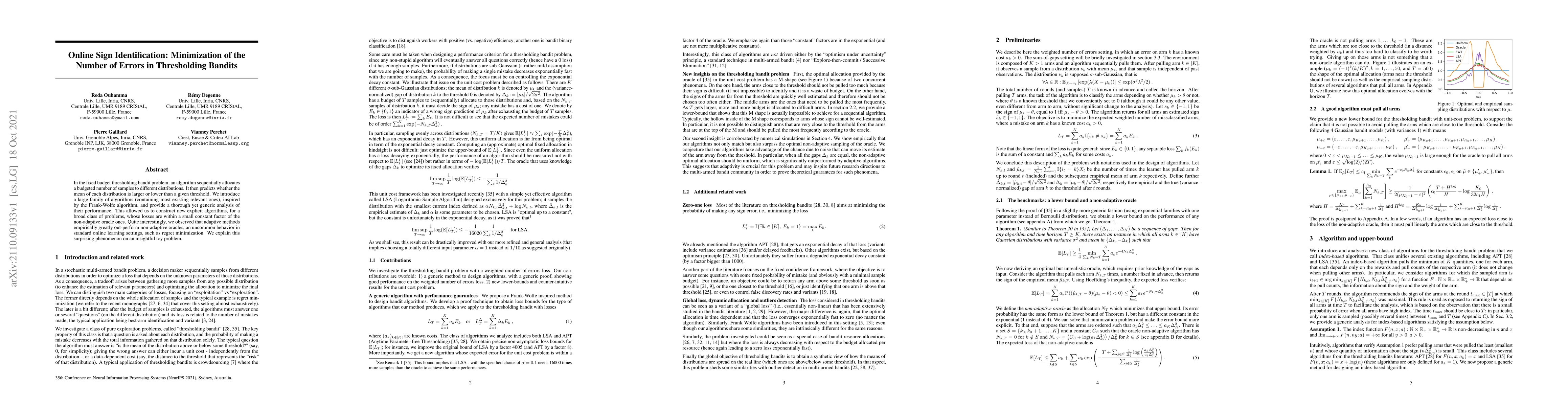 Thumbnail for Online Sign Identification: Minimization of the Number of Errors in
  Thresholding Bandits