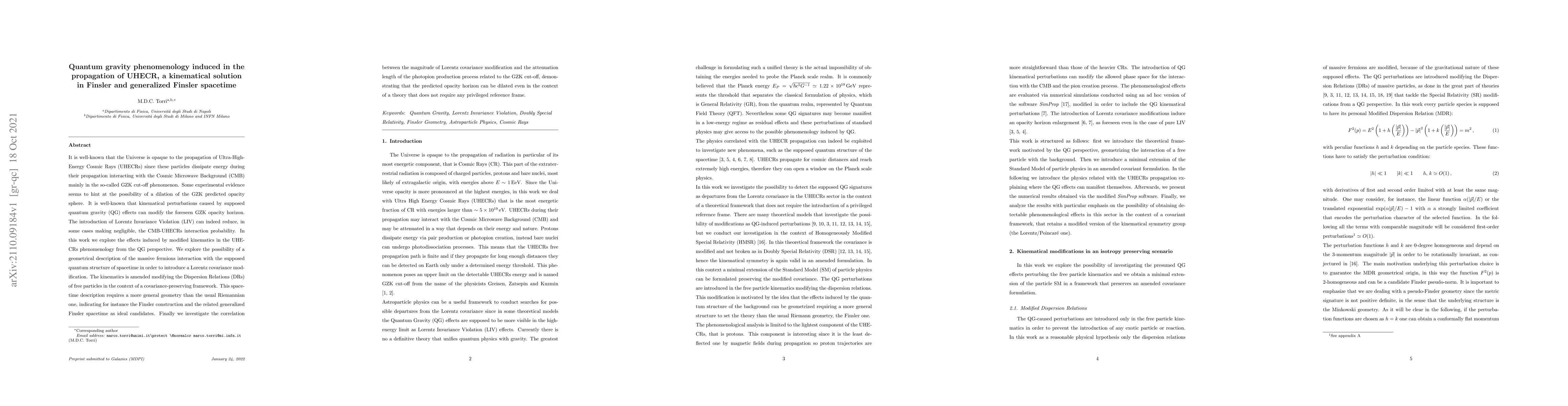 Thumbnail for Quantum gravity phenomenology induced in the propagation of UHECR, a
  kinematical solution in Finsler and generalized Finsler spacetime