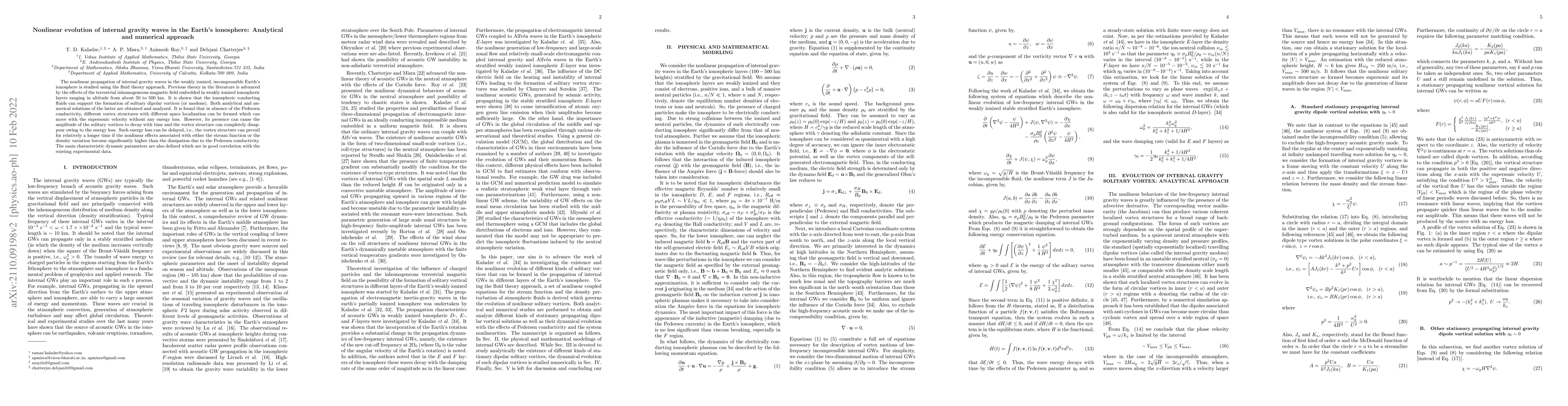 Thumbnail for Nonlinear evolution of internal gravity waves in the Earth's ionosphere:
  Analytical and numerical approach