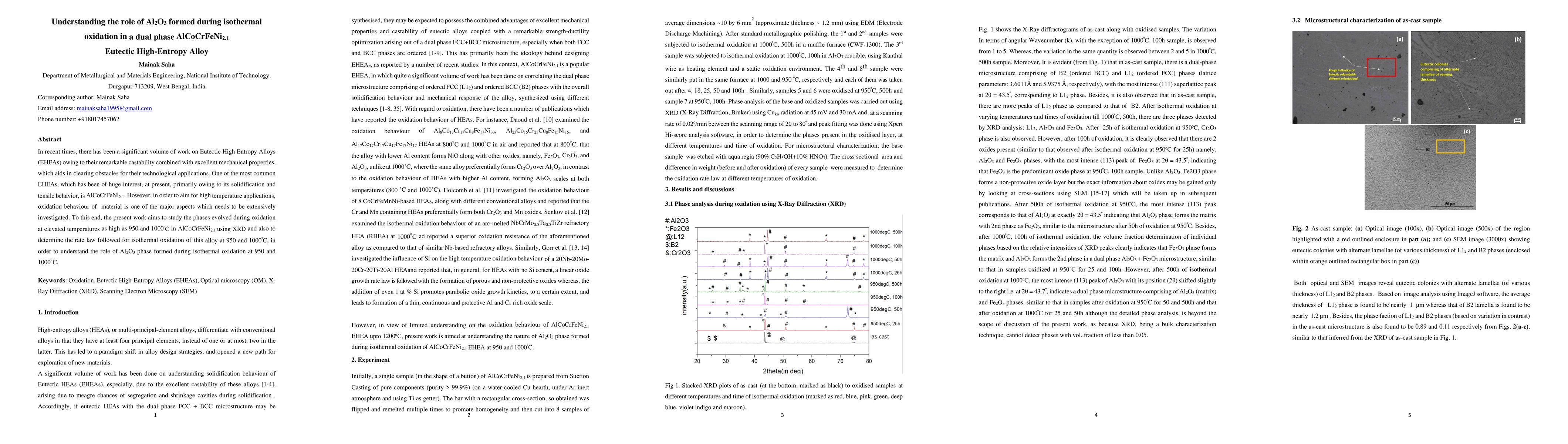 Thumbnail for Deciphering the role of Al$_2$O$_3$ formed during isothermal oxidation
  in a dual-phase AlCoCrFeNi$_{2.1}$ Eutectic High-Entropy Alloy