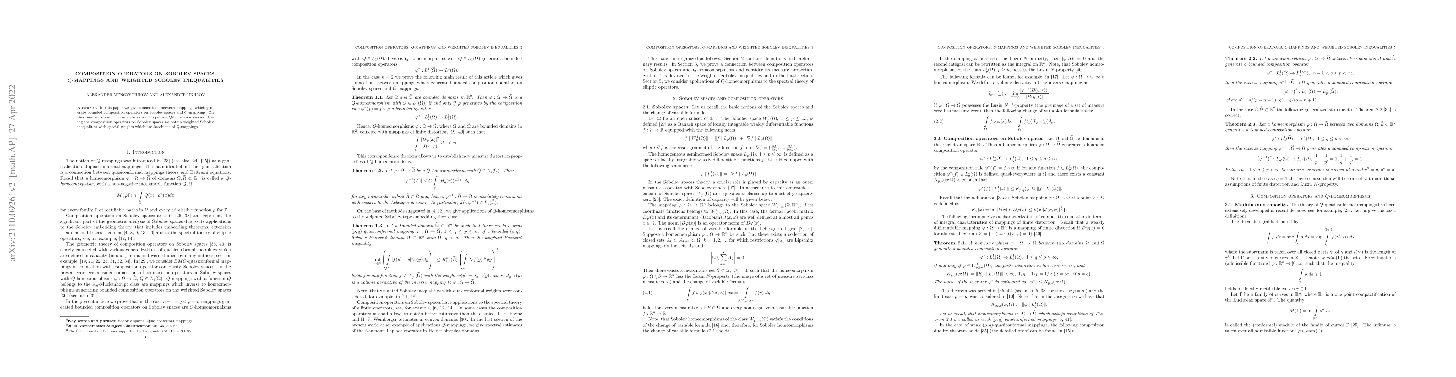 Thumbnail for Composition operators on Sobolev spaces, $Q$-mappings and weighted
  Sobolev inequalities