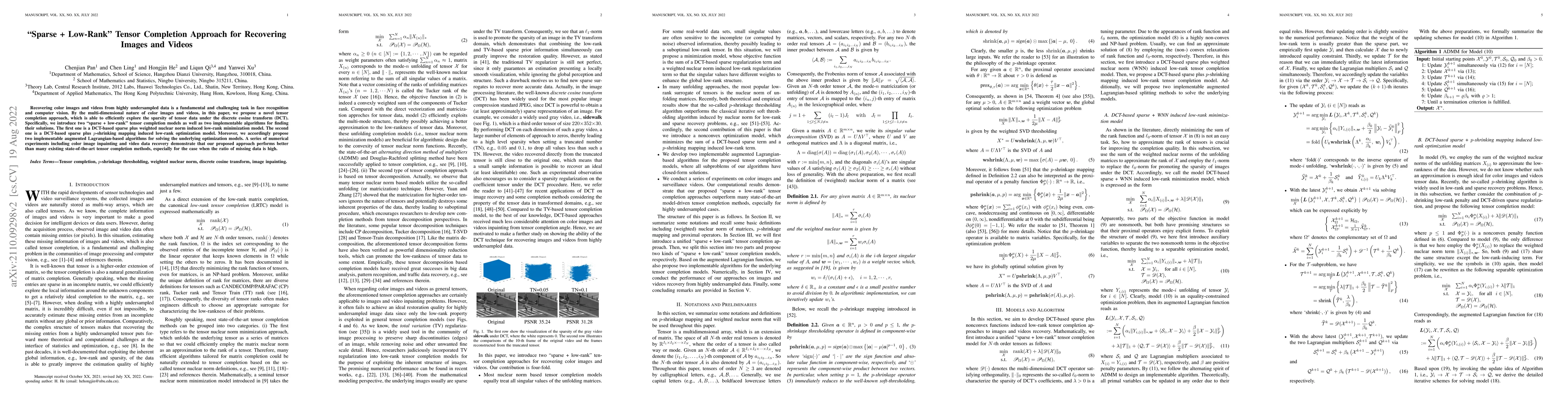 Thumbnail for "Sparse + Low-Rank'' Tensor Completion Approach for Recovering Images
  and Videos