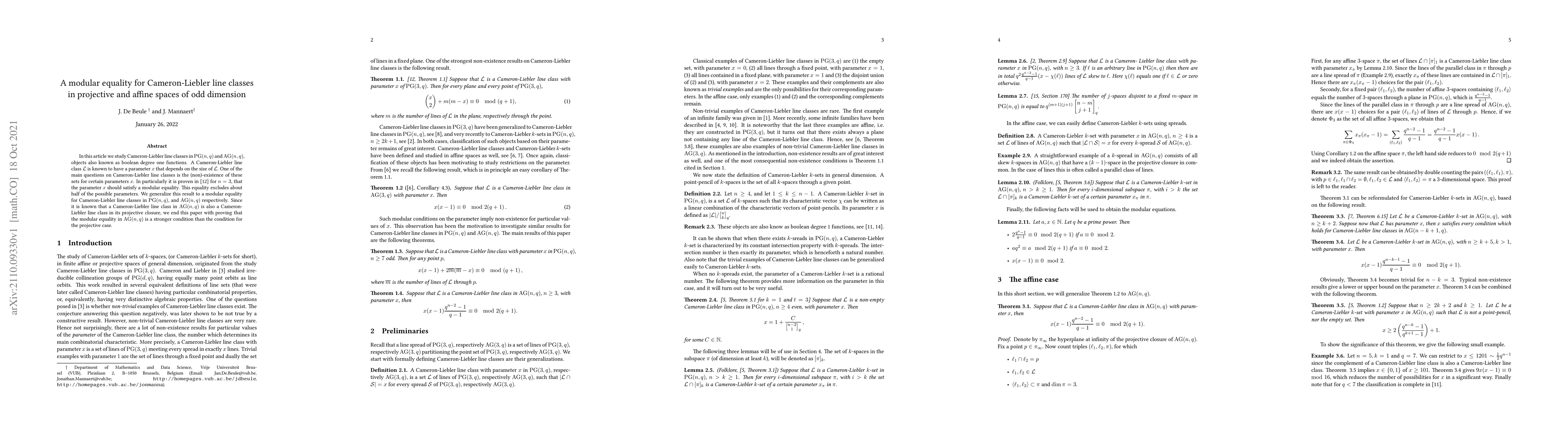 Thumbnail for A modular equality for Cameron-Liebler line classes in projective and
  affine spaces of odd dimension