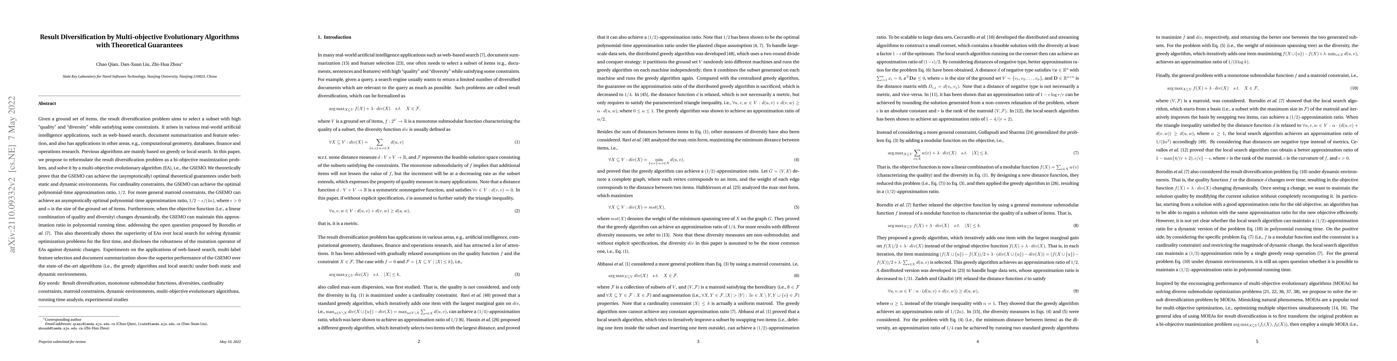 Thumbnail for Result Diversification by Multi-objective Evolutionary Algorithms with
  Theoretical Guarantees