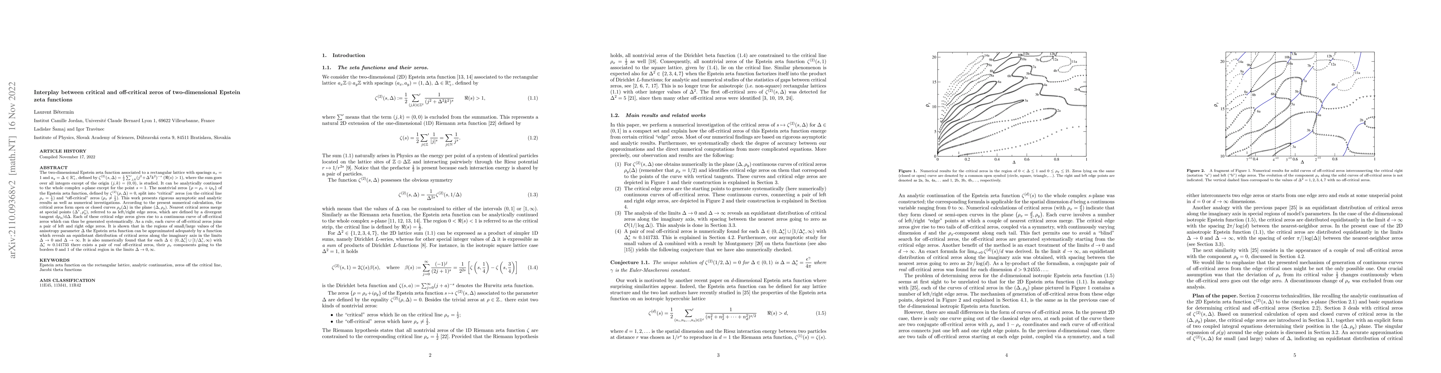 Thumbnail for Interplay between critical and off-critical zeros of two-dimensional
  Epstein zeta functions