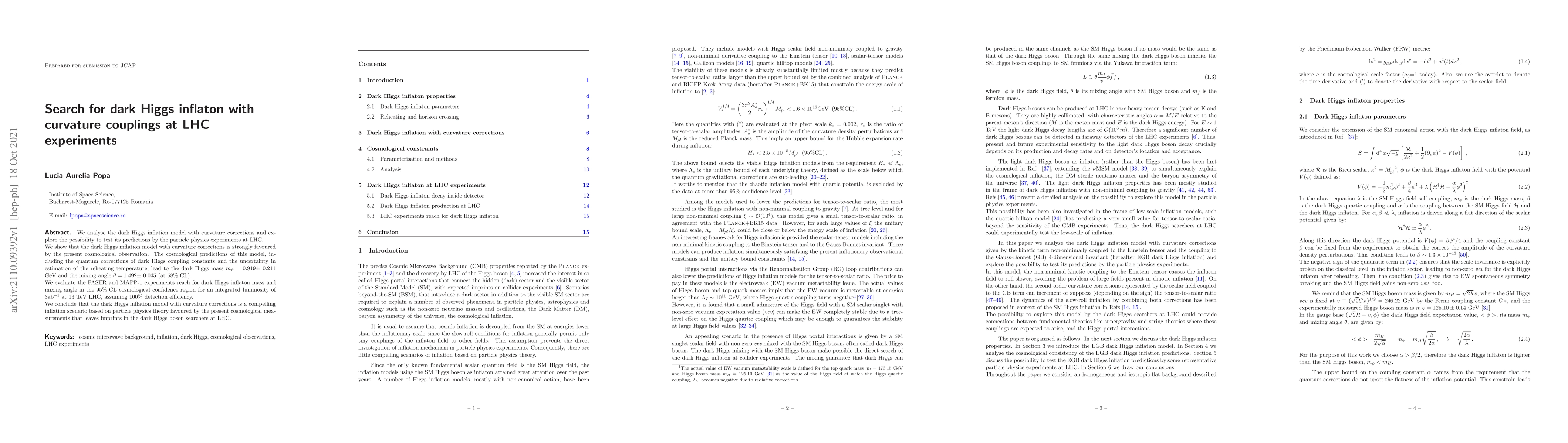 Thumbnail for Search for dark Higgs inflaton with curvature couplings at LHC
  experiments