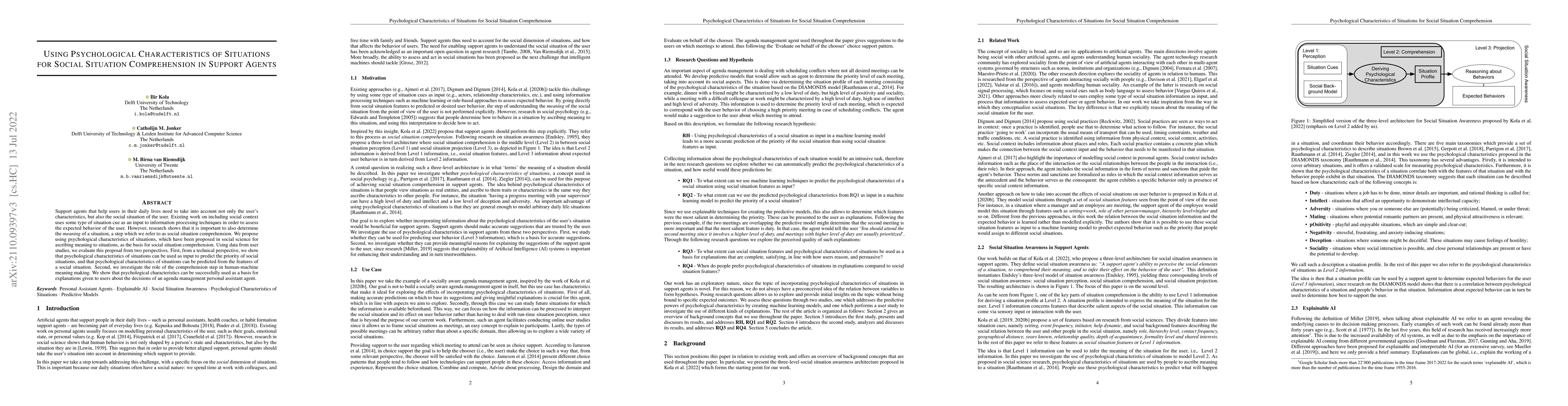 Thumbnail for Using Psychological Characteristics of Situations for Social Situation
  Comprehension in Support Agents